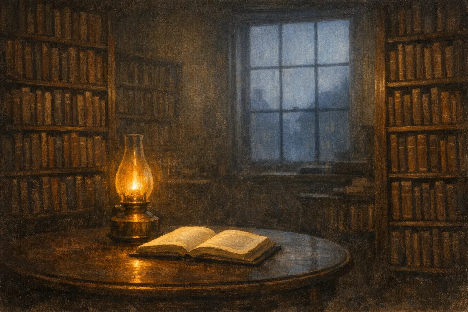 a small bookstore interior at dusk — wooden shelves, a brass lantern, an open book on a table near a window